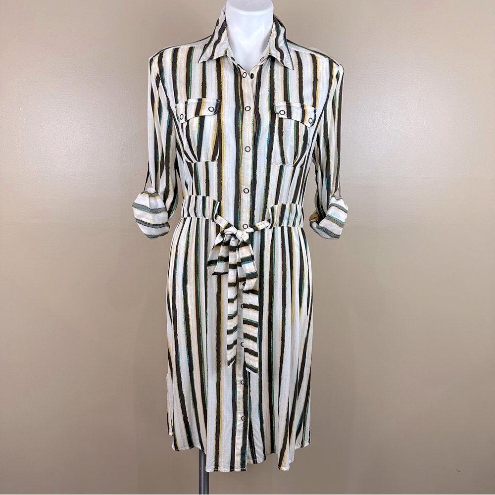 BCBG Striped Snap Front Tie Waist Shirtdress Roll Tab Sleeve Dress Small
